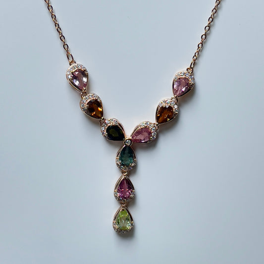 Stonelry Multicolor Tourmaline Teardrop Pendant on Rose Gold Plated S925 Sterling Silver Chain