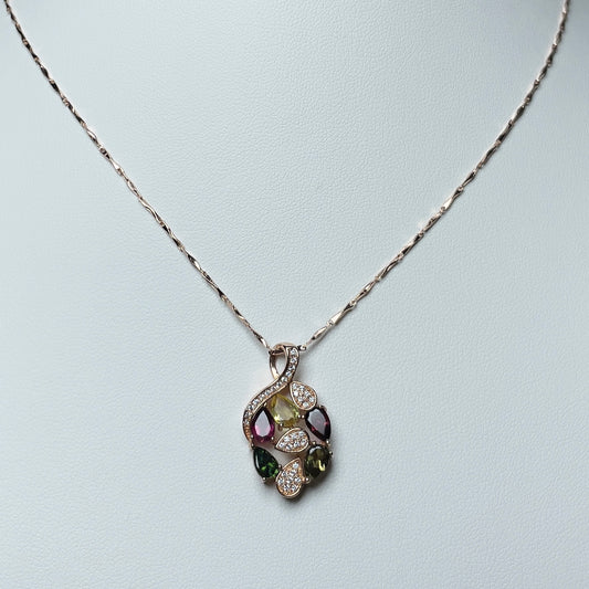 Stonelry Rose Gold Plated S925 Sterling Silver Necklace with Multi-Gemstone Tourmaline and Zircon Pendant