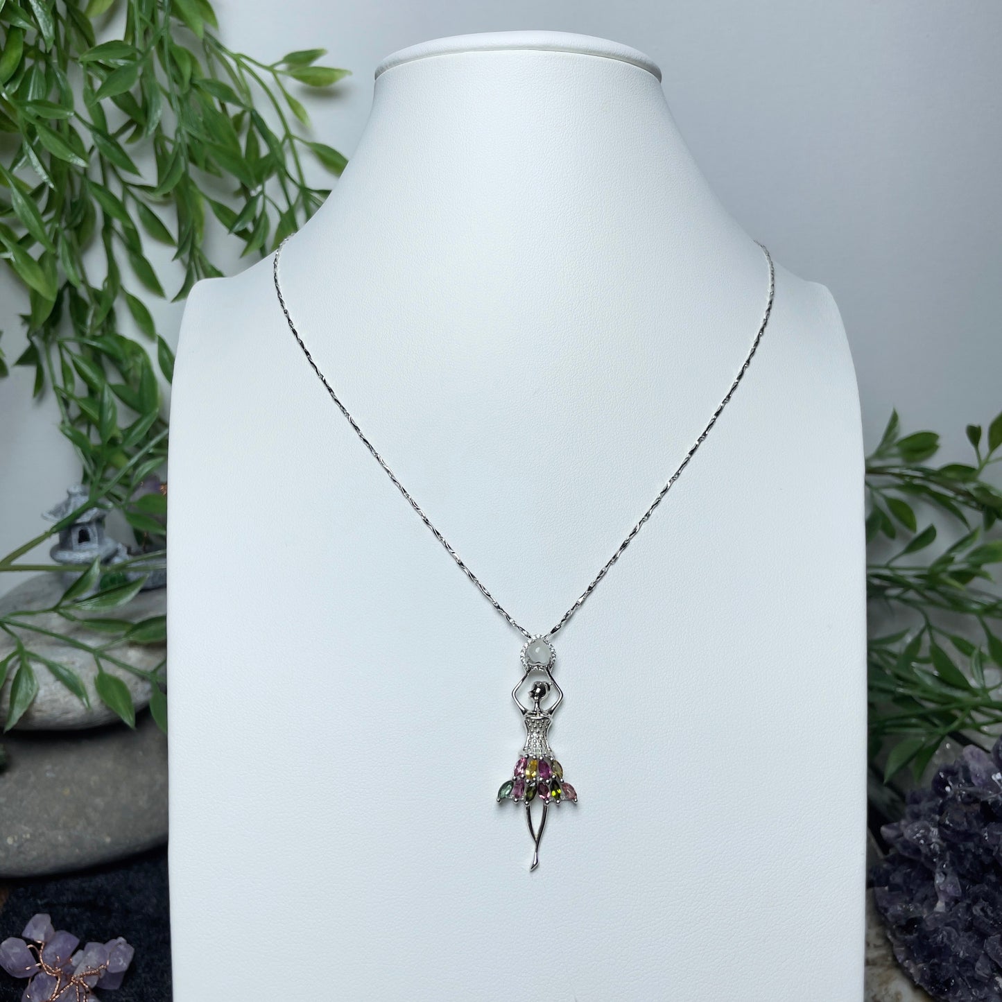 Stonelry Elegant S925 Sterling Silver Ballerina Pendant with Natural Tourmaline and Zircon Stones