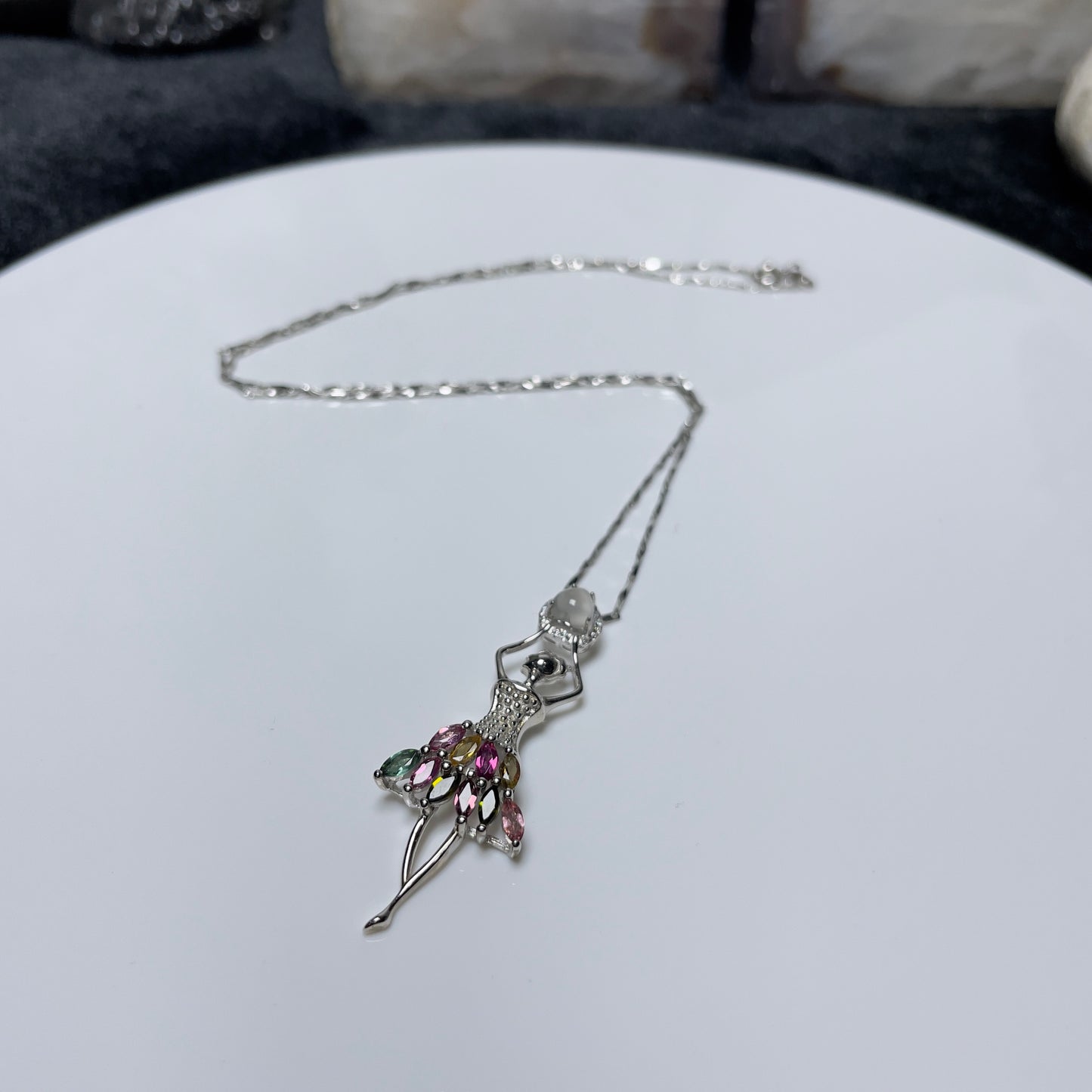 Stonelry Elegant S925 Sterling Silver Ballerina Pendant with Natural Tourmaline and Zircon Stones