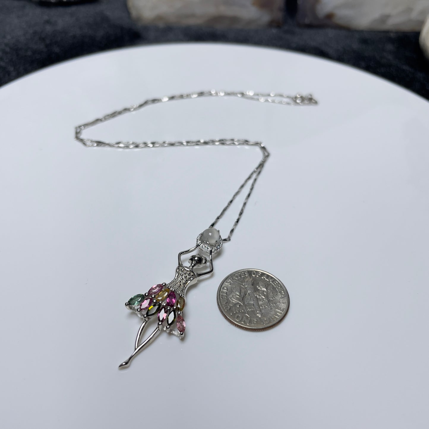 Stonelry Elegant S925 Sterling Silver Ballerina Pendant with Natural Tourmaline and Zircon Stones