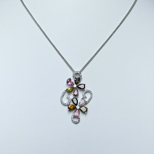 Stonelry Elegant S925 Sterling Silver Chain with Enchanting Tourmaline & Zircon Floral Pendant