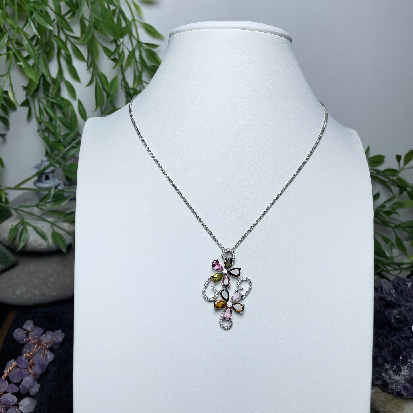 Stonelry Elegant S925 Sterling Silver Chain with Enchanting Tourmaline & Zircon Floral Pendant