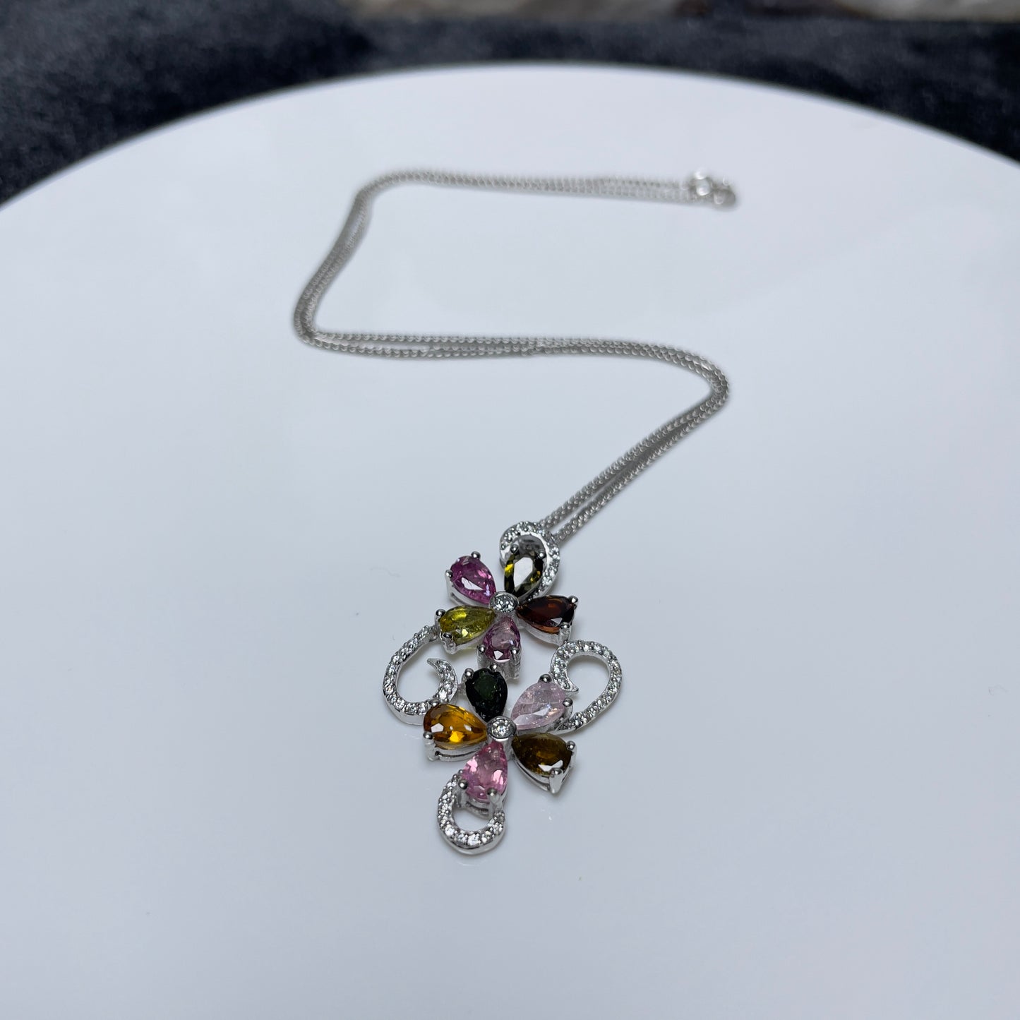 Stonelry Elegant S925 Sterling Silver Chain with Enchanting Tourmaline & Zircon Floral Pendant