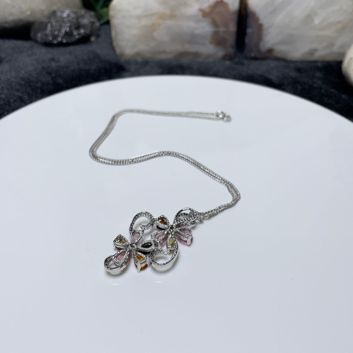 Stonelry Elegant S925 Sterling Silver Chain with Enchanting Tourmaline & Zircon Floral Pendant