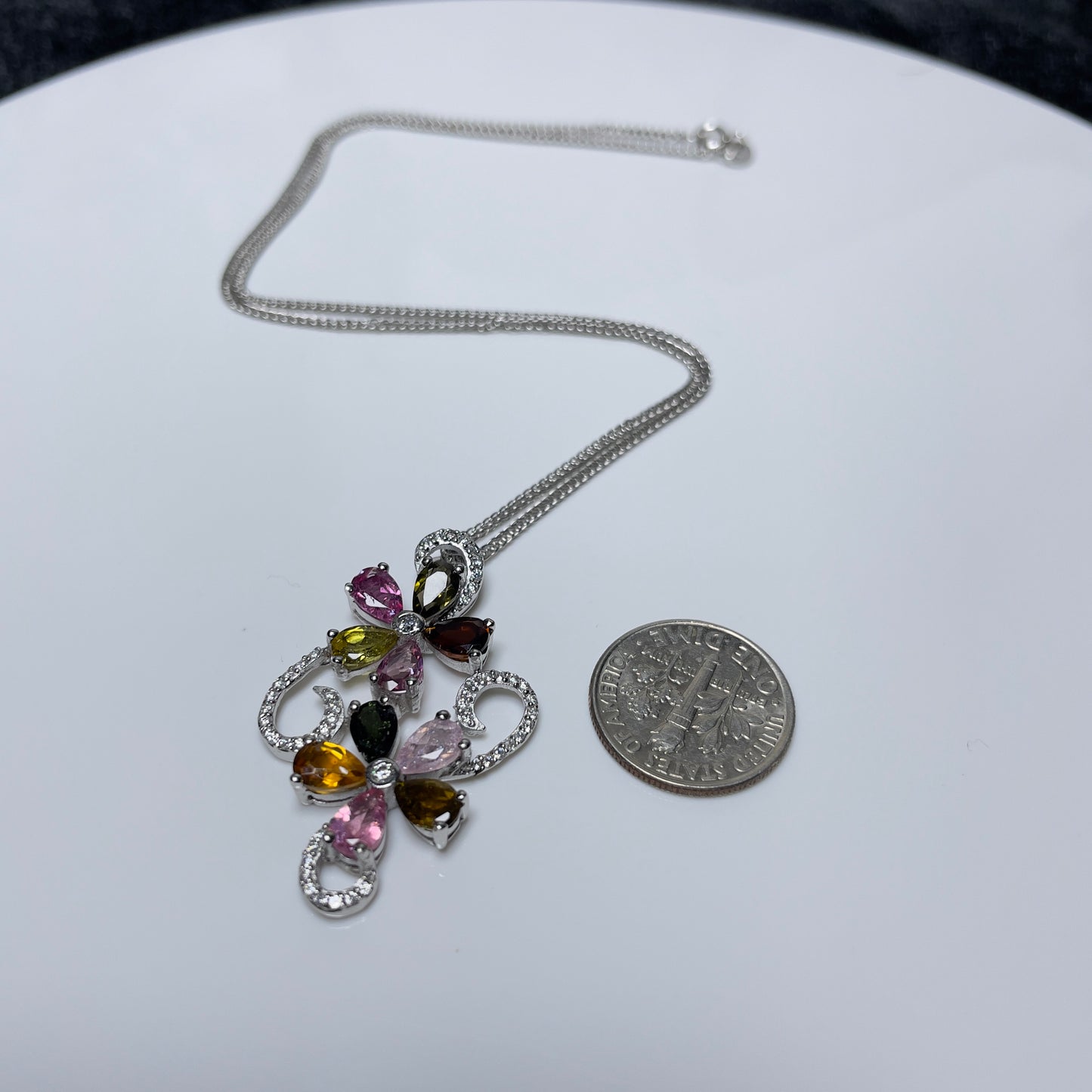 Stonelry Elegant S925 Sterling Silver Chain with Enchanting Tourmaline & Zircon Floral Pendant