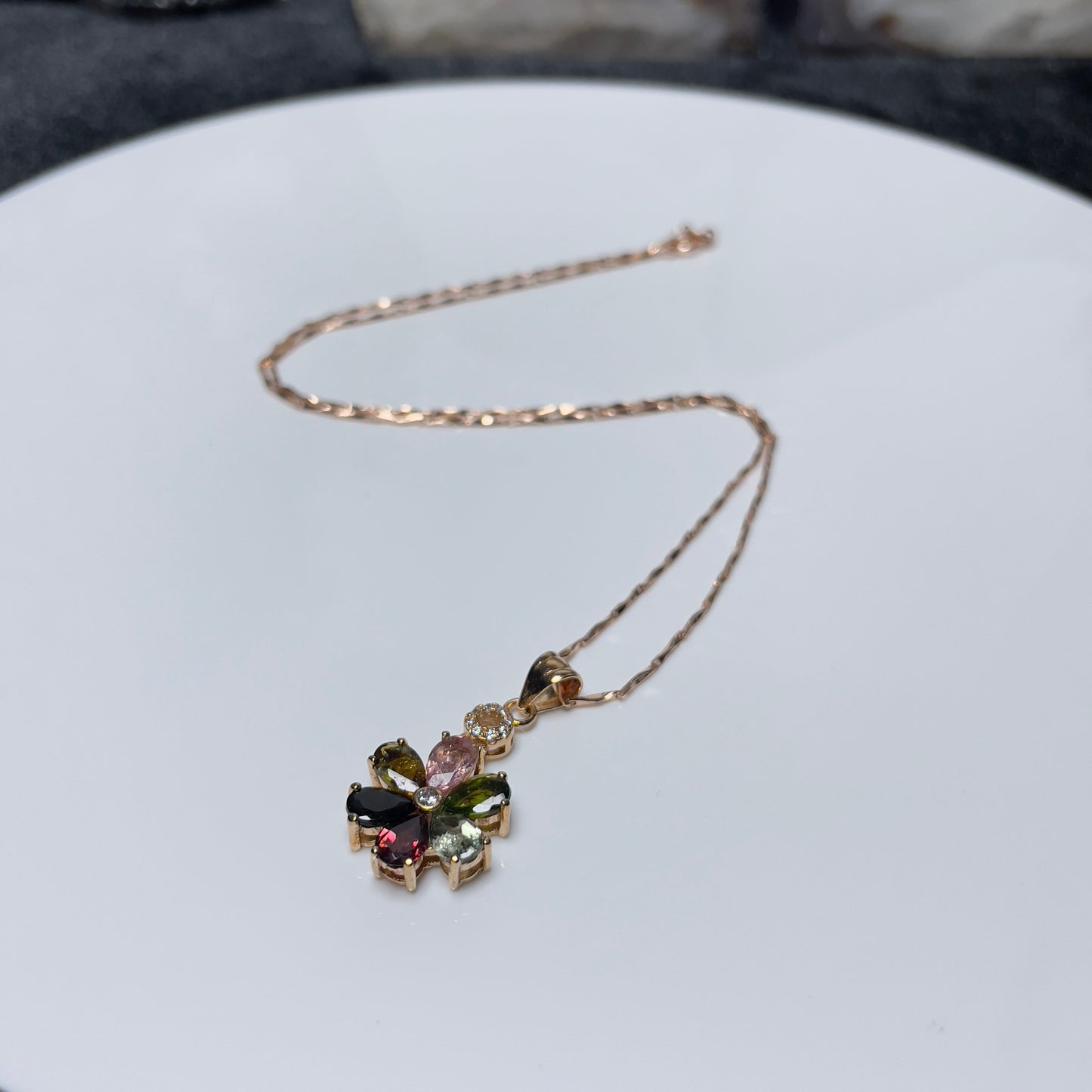 Stonelry Elegant Tourmaline & Zircon Flower Pendant with Rose Gold S925 Sterling Silver Chain