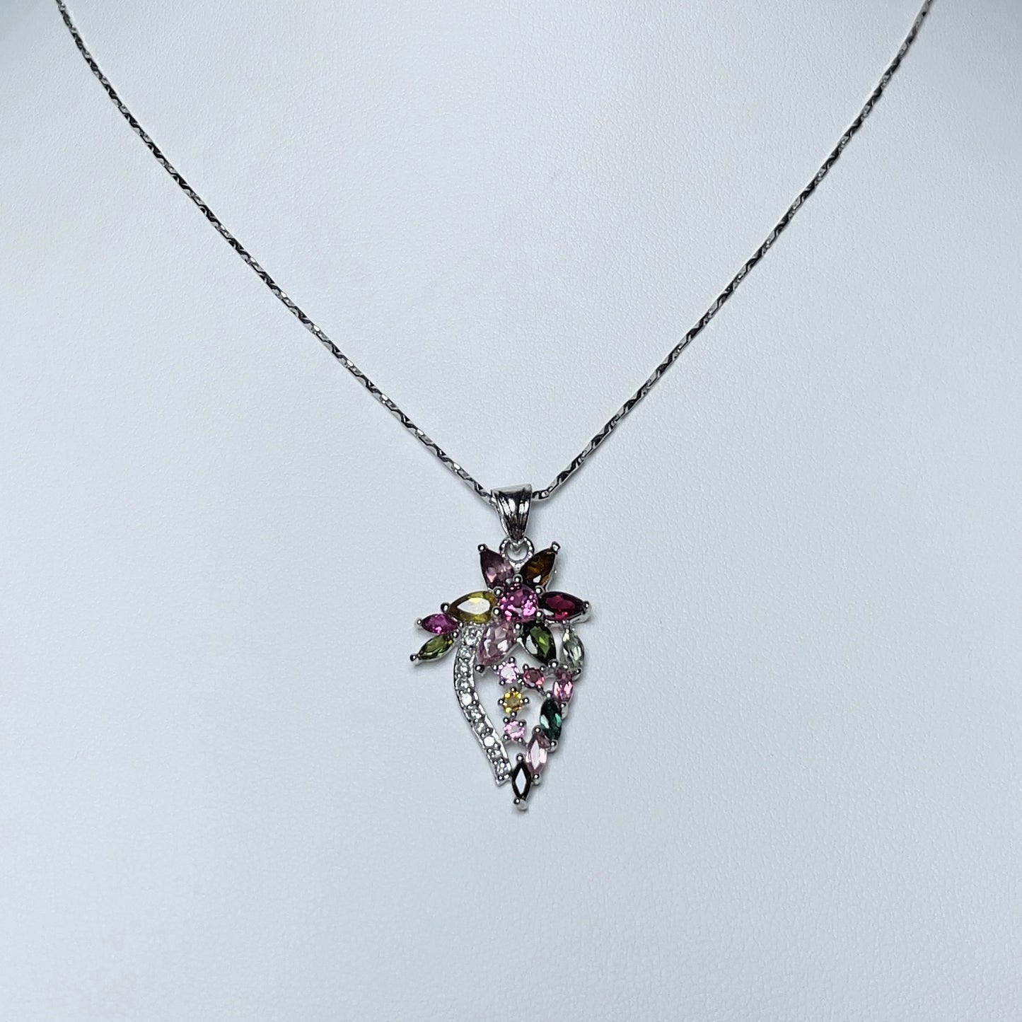 Stonelry Elegant Tourmaline and Zircon Flower Pendant on S925 Sterling Silver Chain Necklace