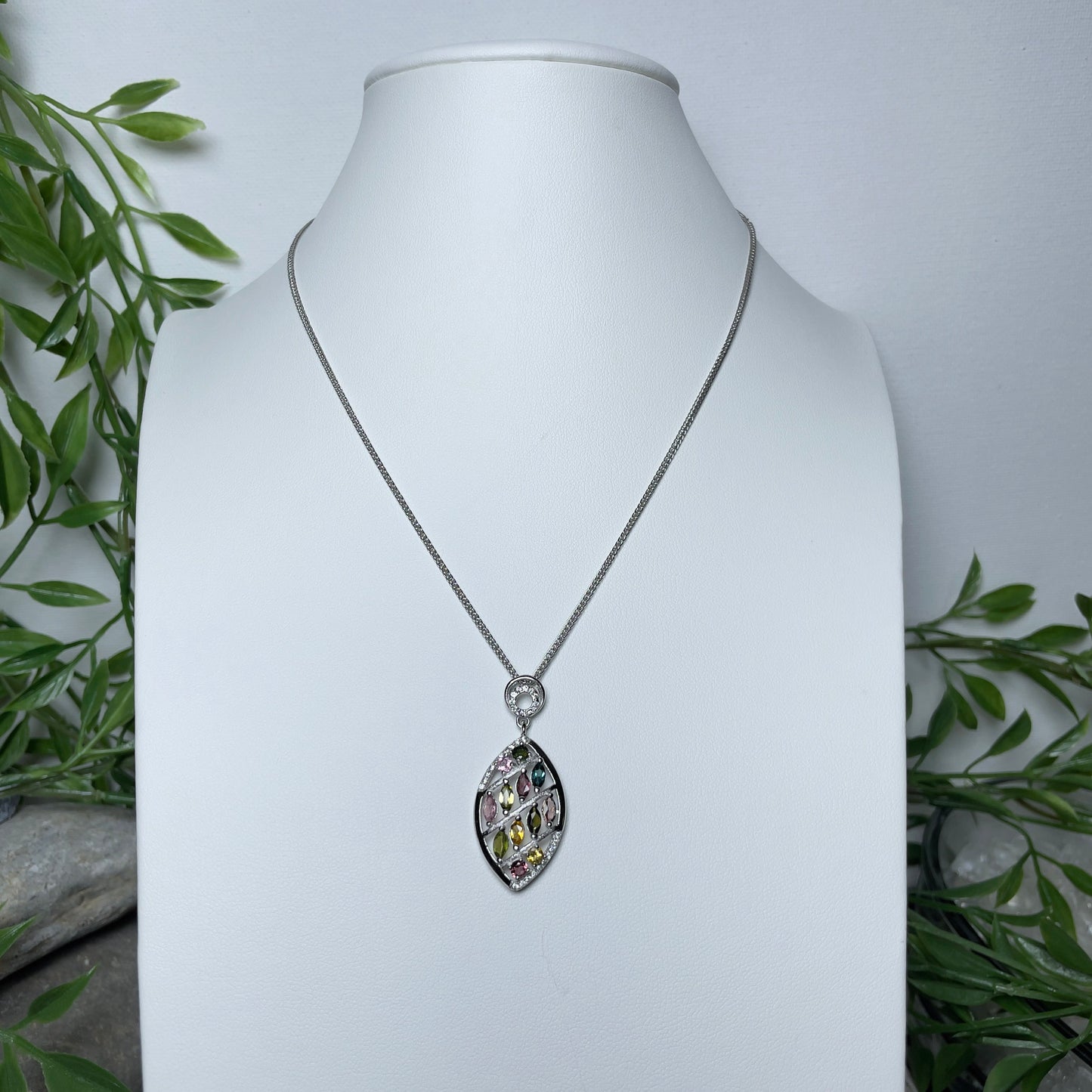 Stonelry Elegant S925 Sterling Silver Necklace with Tourmaline and Zircon Pendant