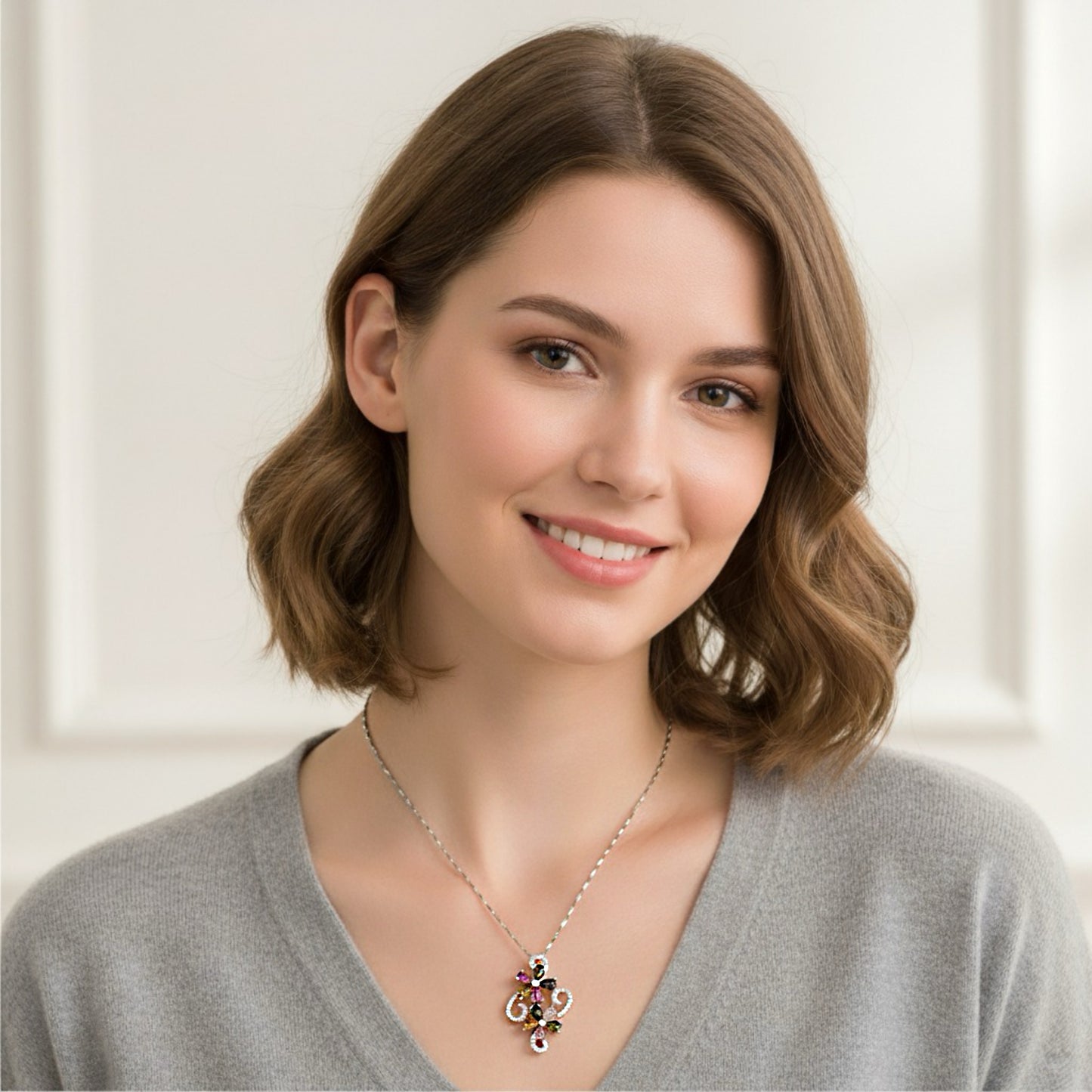 Stonelry Elegant S925 Sterling Silver Chain with Enchanting Tourmaline & Zircon Floral Pendant