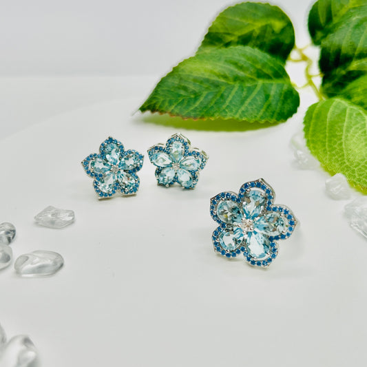 Stonelry Blue Topaz Stud Earrings and Ring Set - Snowflake Blossoms