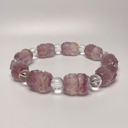 Stonelry Natural Multiple Colors Carved Flowers Fluorite Beaded Bracelet  (11x14.2 - 12.3x16.1mm)