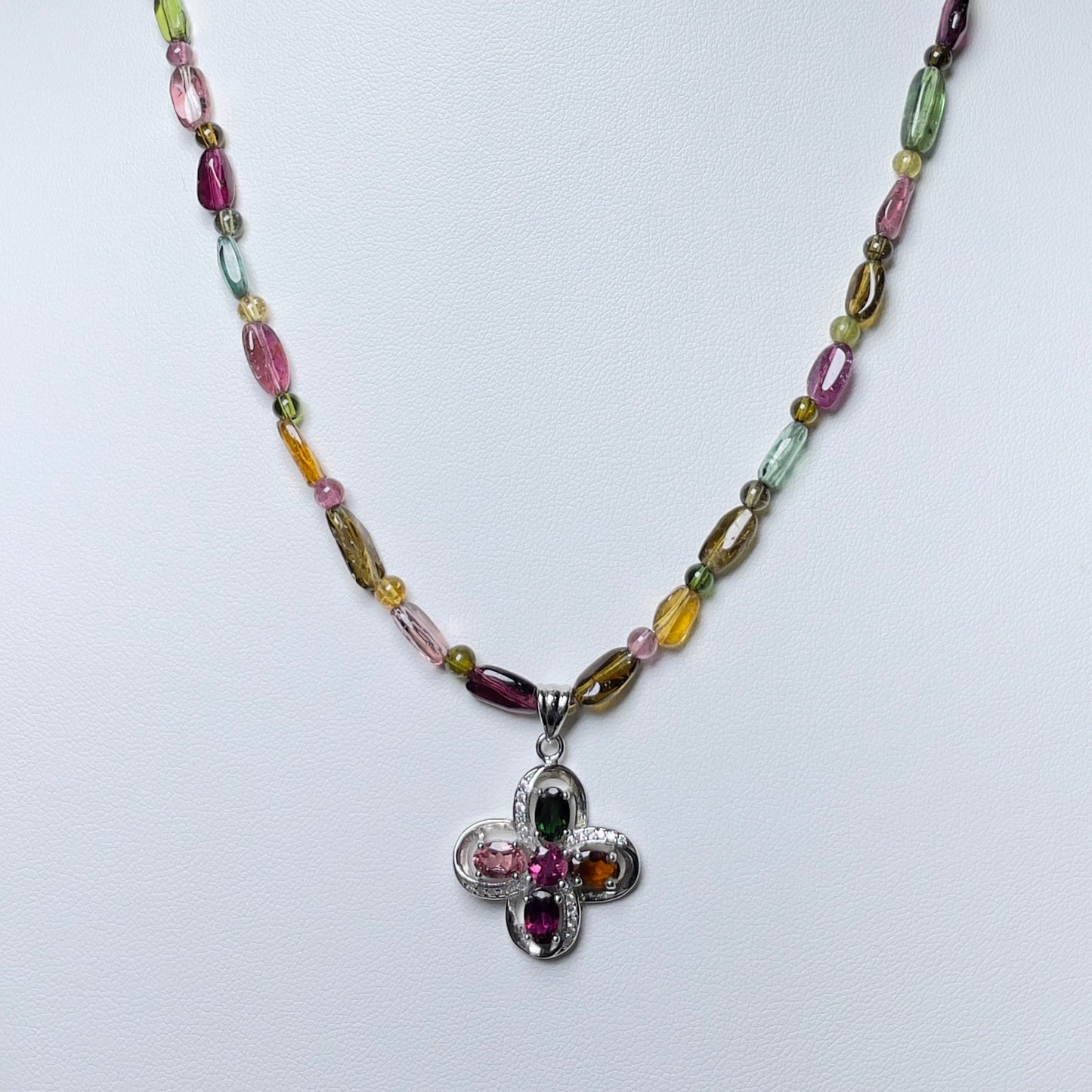 Stonelry Multicolor Tourmaline Beaded Pendant Necklace with Silver Cross Charm