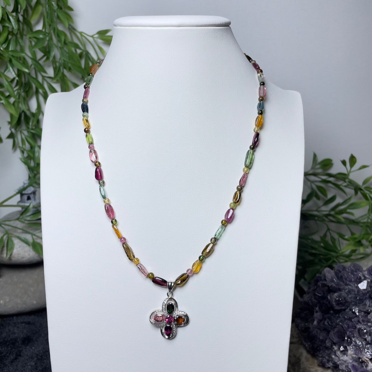 Stonelry Multicolor Tourmaline Beaded Pendant Necklace with Silver Cross Charm