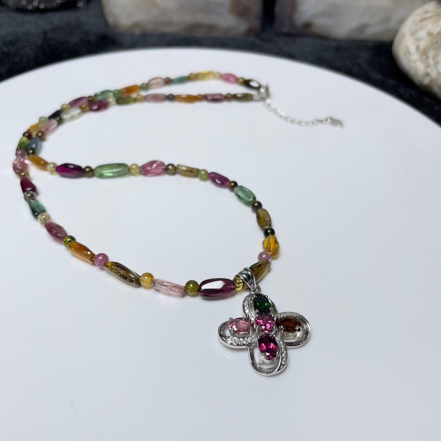 Stonelry Multicolor Tourmaline Beaded Pendant Necklace with Silver Cross Charm