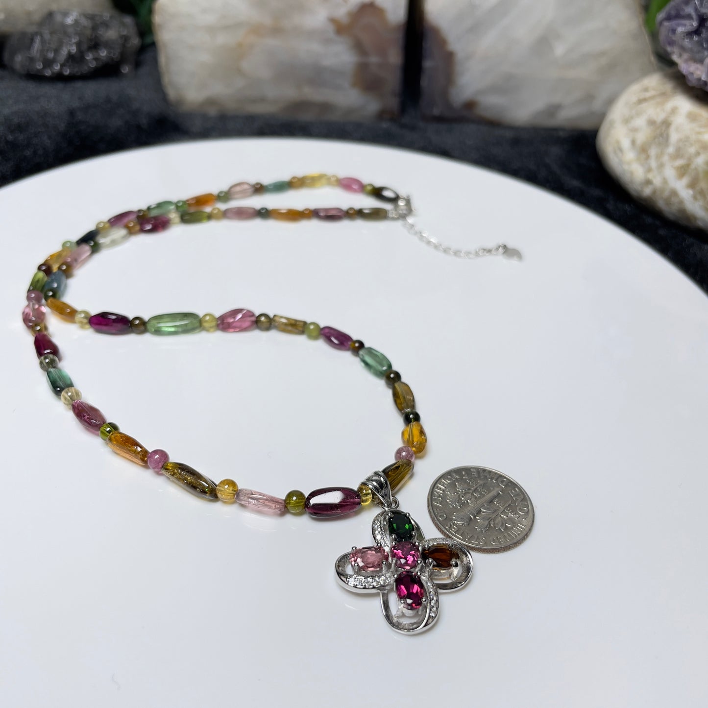 Stonelry Multicolor Tourmaline Beaded Pendant Necklace with Silver Cross Charm