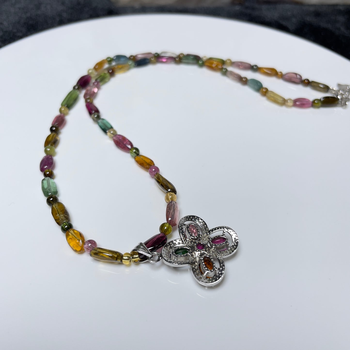 Stonelry Multicolor Tourmaline Beaded Pendant Necklace with Silver Cross Charm