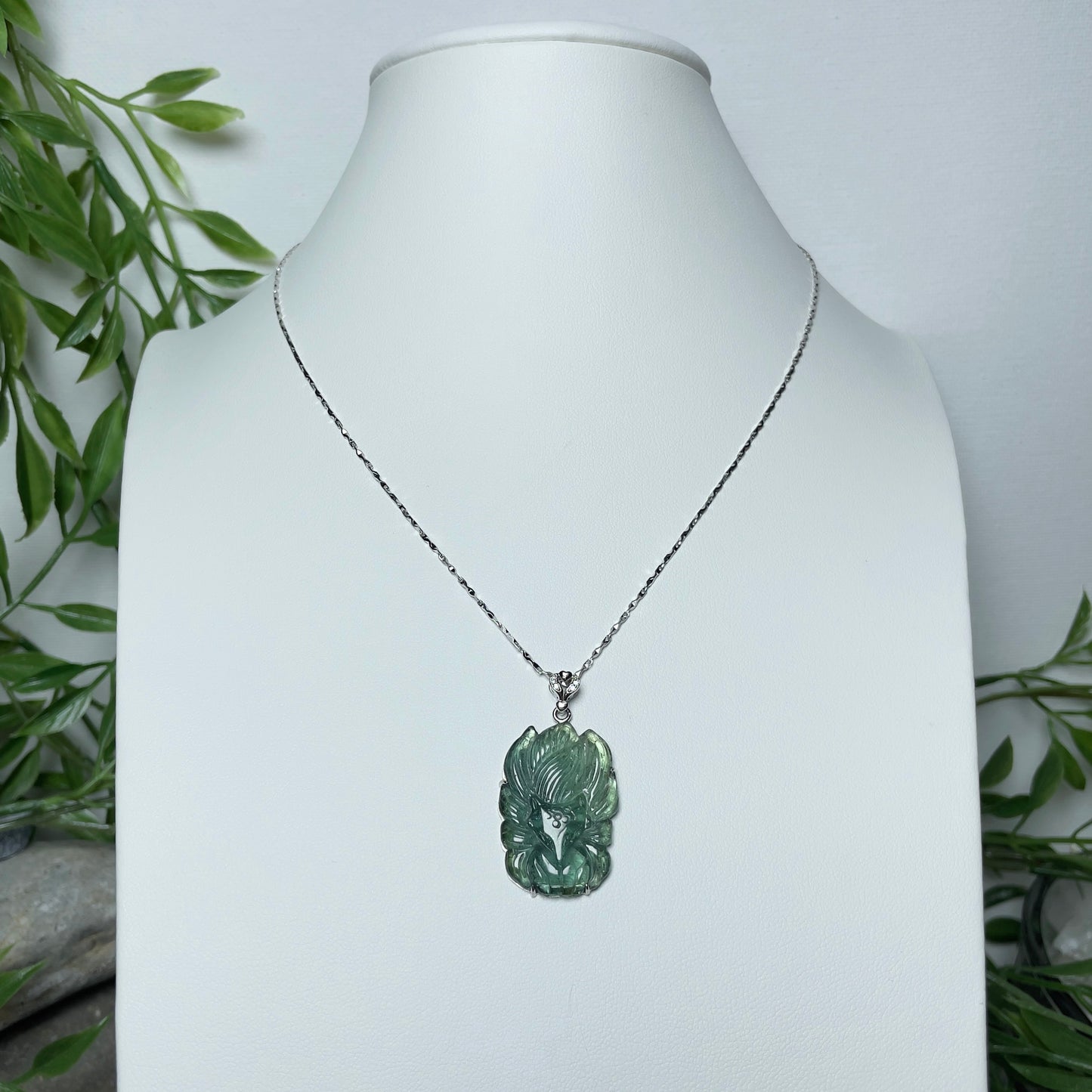 Stonelry Captivating Green Tourmaline Nine-Tailed Fox Pendant with S925 Sterling Silver Necklace