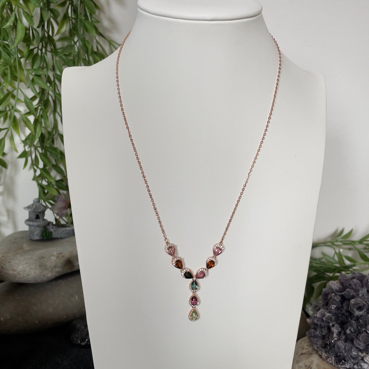 Stonelry Multicolor Tourmaline Teardrop Pendant on Rose Gold Plated S925 Sterling Silver Chain