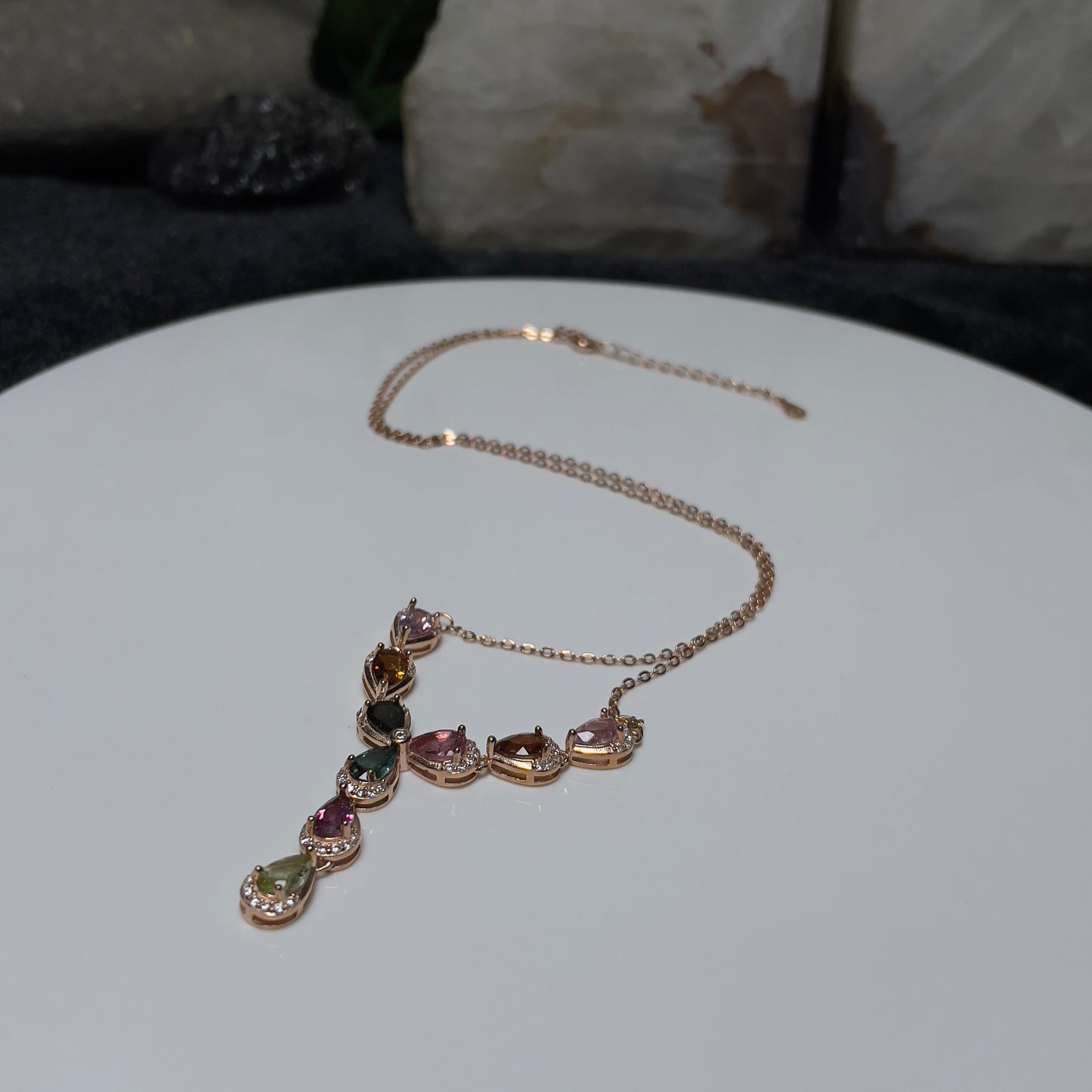 Stonelry Multicolor Tourmaline Teardrop Pendant on Rose Gold Plated S925 Sterling Silver Chain