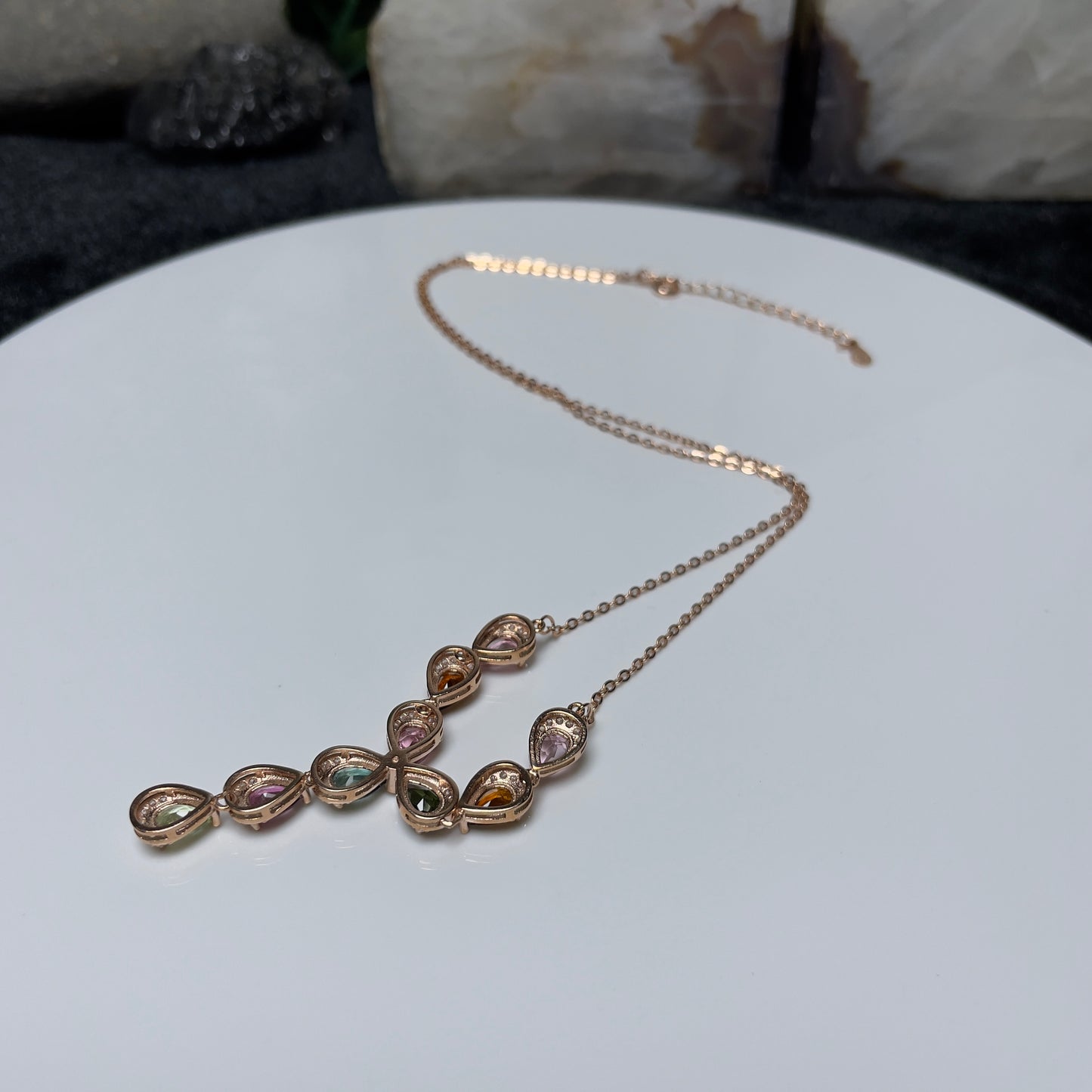 Stonelry Multicolor Tourmaline Teardrop Pendant on Rose Gold Plated S925 Sterling Silver Chain