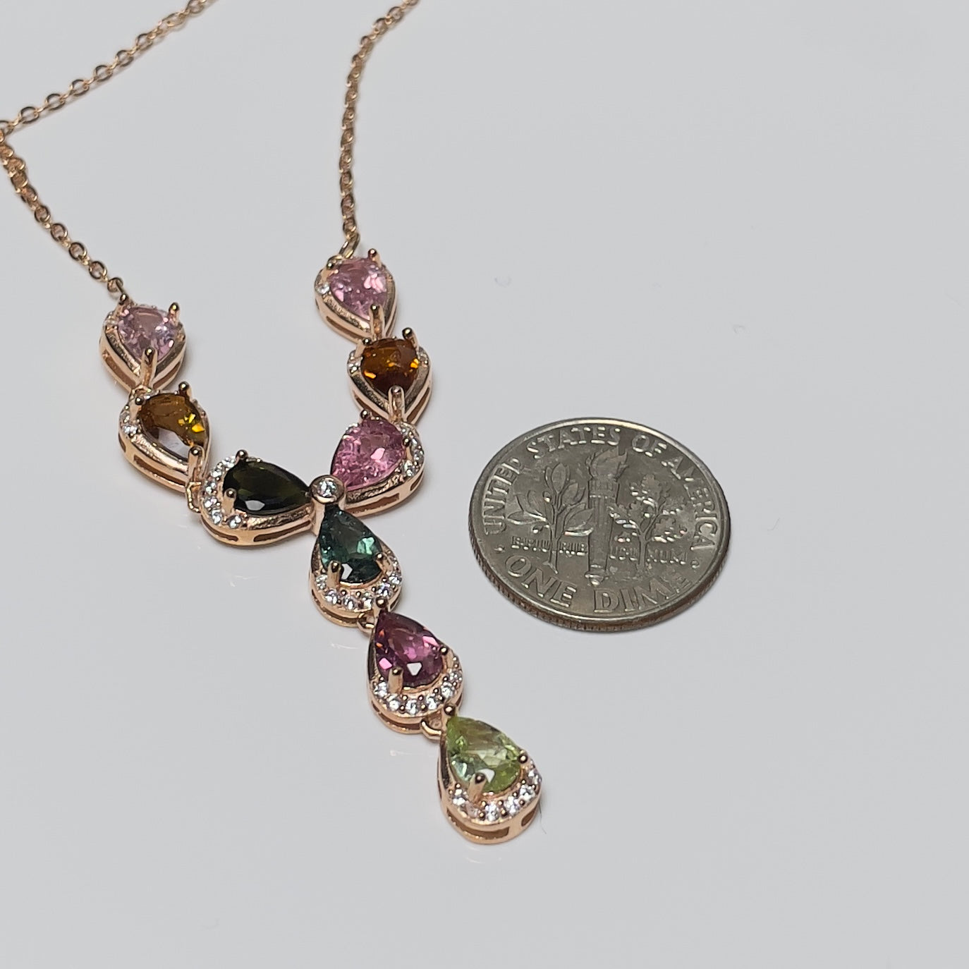 Stonelry Multicolor Tourmaline Teardrop Pendant on Rose Gold Plated S925 Sterling Silver Chain