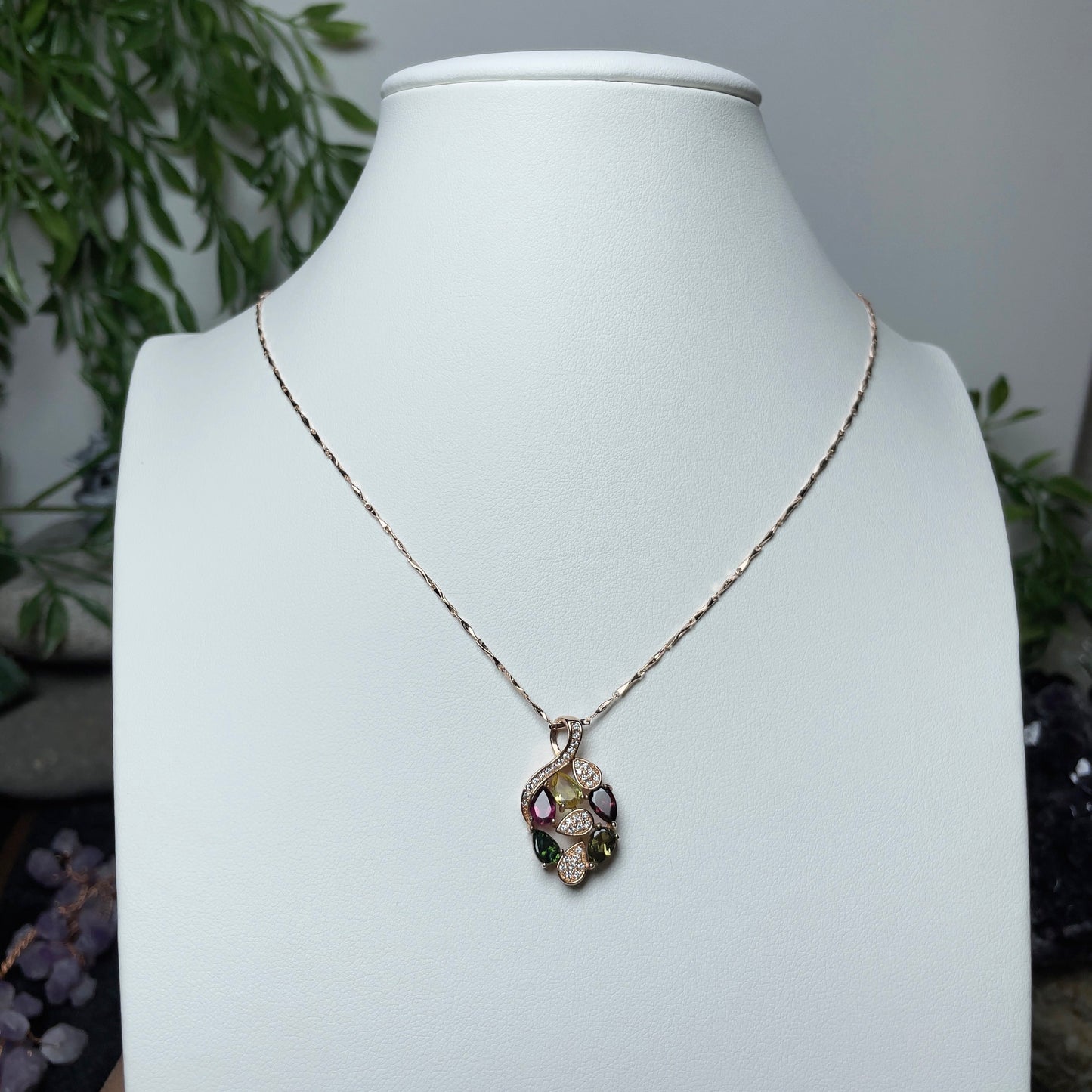 Stonelry Rose Gold Plated S925 Sterling Silver Necklace with Multi-Gemstone Tourmaline and Zircon Pendant