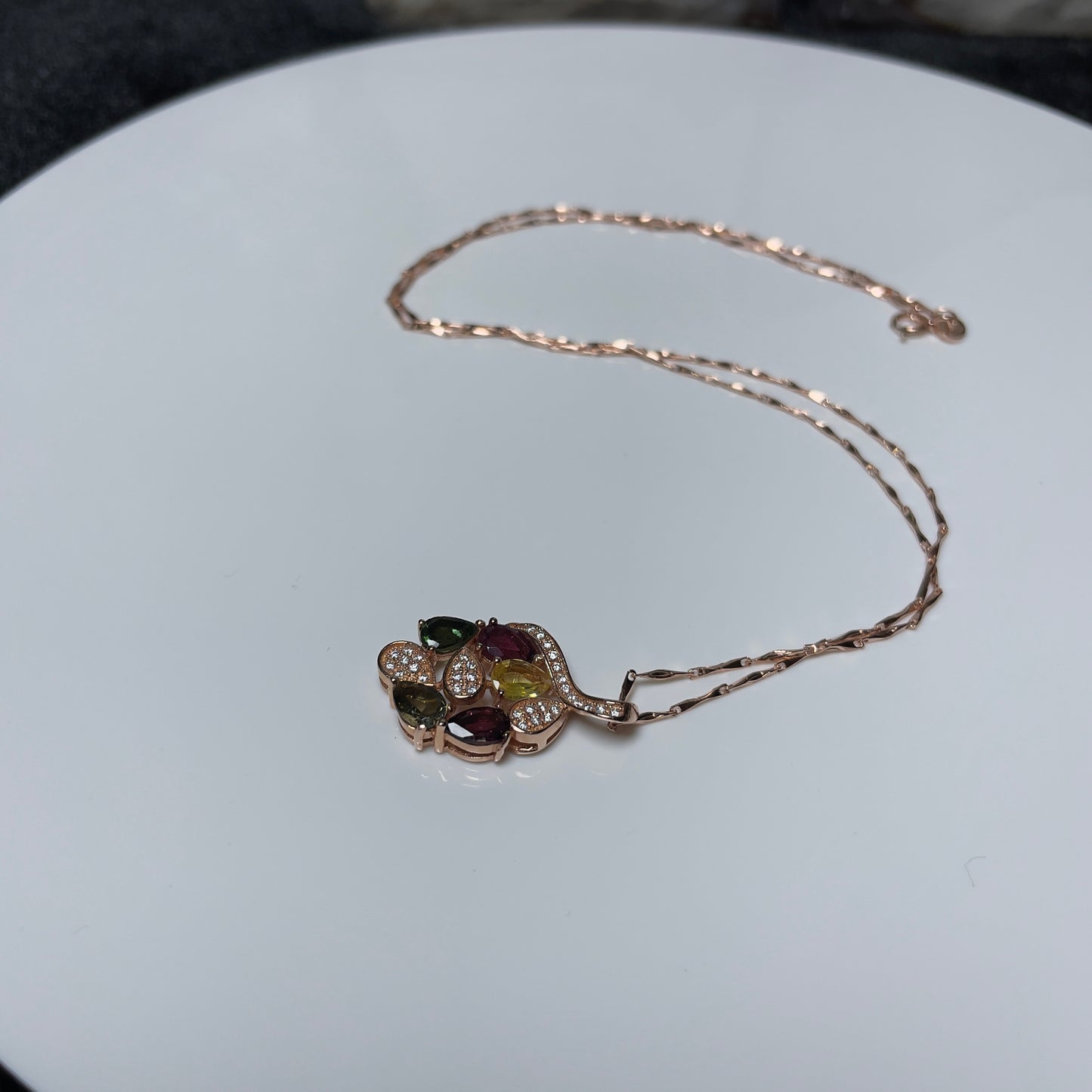 Stonelry Rose Gold Plated S925 Sterling Silver Necklace with Multi-Gemstone Tourmaline and Zircon Pendant