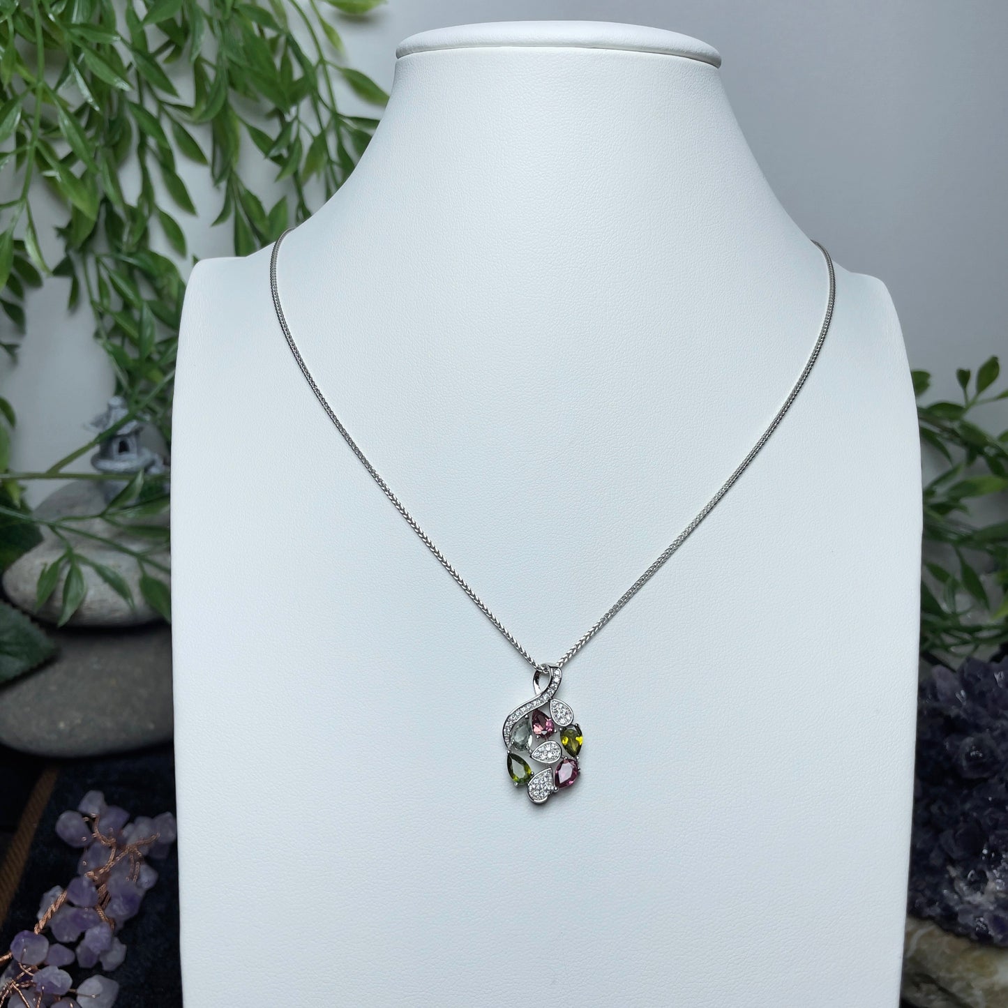 Stonelry Rose Gold Plated S925 Sterling Silver Necklace with Multi-Gemstone Tourmaline and Zircon Pendant