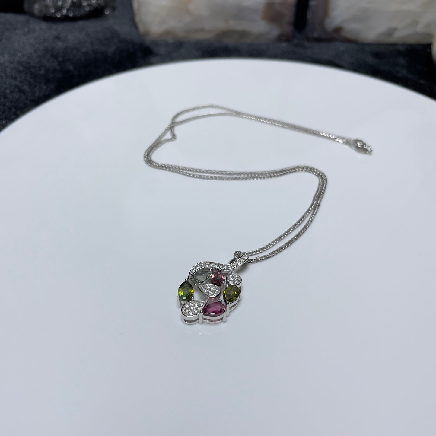 Stonelry Rose Gold Plated S925 Sterling Silver Necklace with Multi-Gemstone Tourmaline and Zircon Pendant