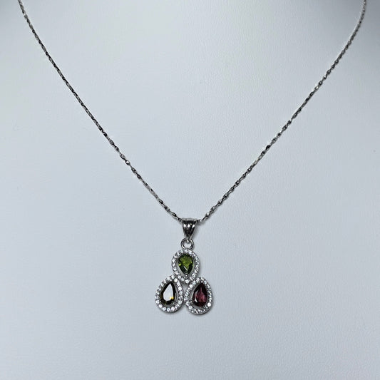 Stonelry Tri-Gem Tourmaline and Zircon Pendant Necklace in S925 Sterling Silver