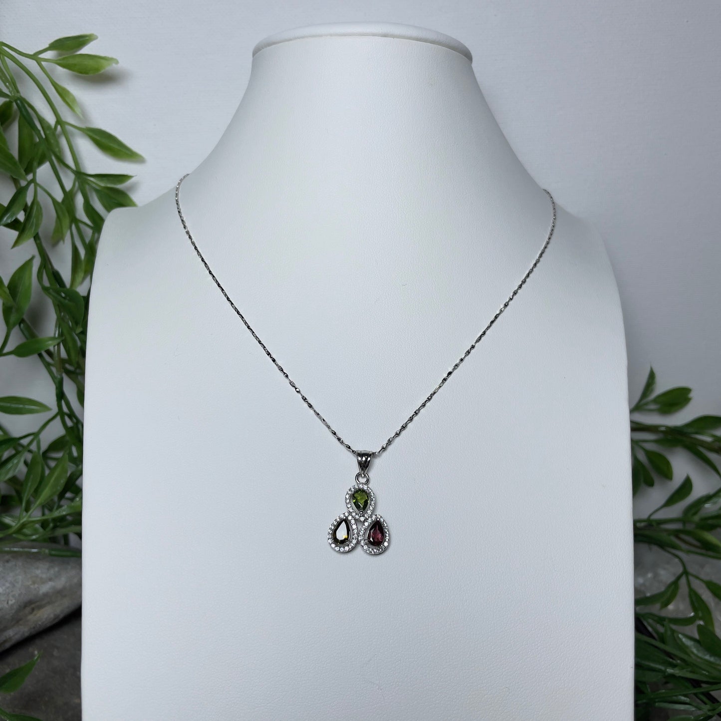 Stonelry Tri-Gem Tourmaline and Zircon Pendant Necklace in S925 Sterling Silver