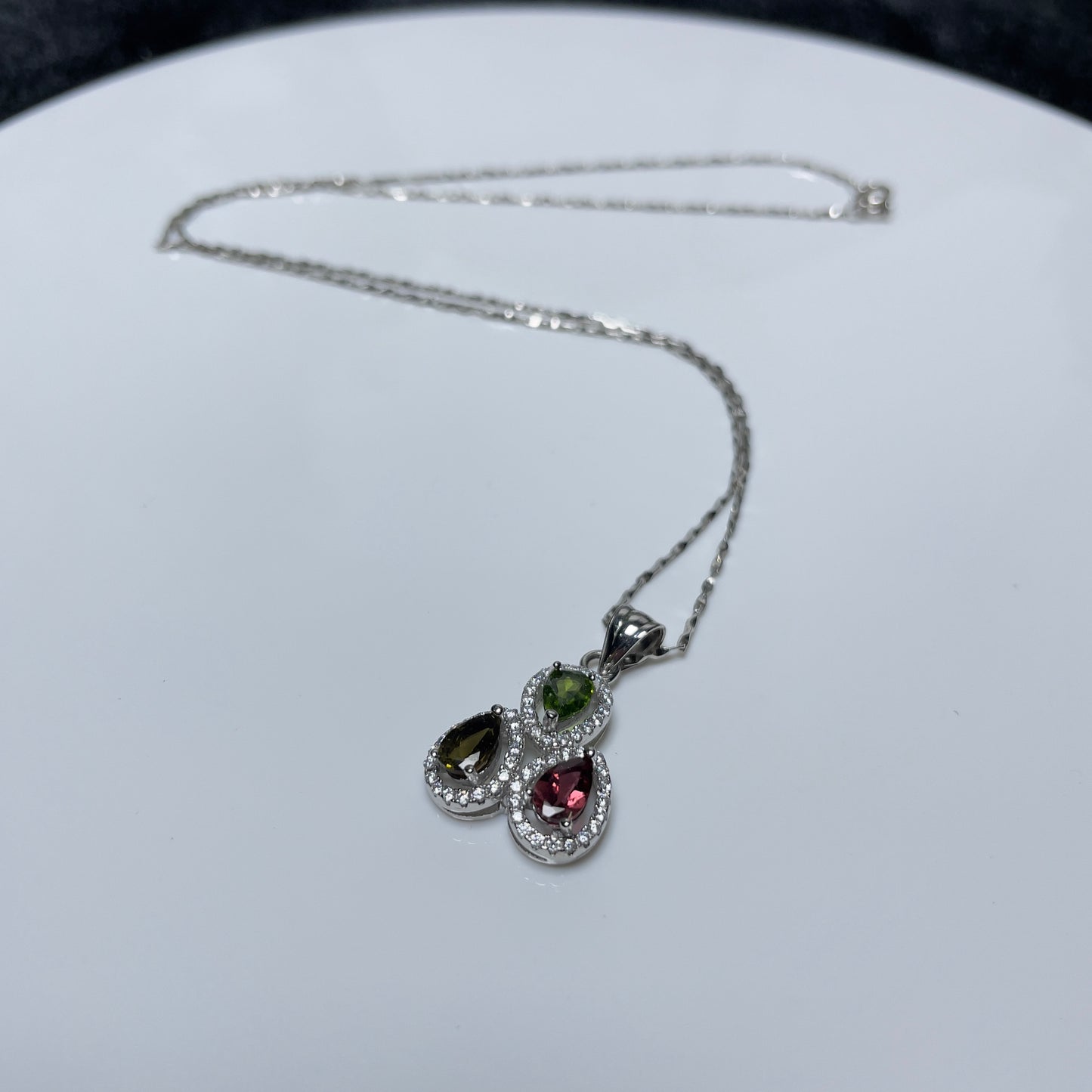 Stonelry Tri-Gem Tourmaline and Zircon Pendant Necklace in S925 Sterling Silver