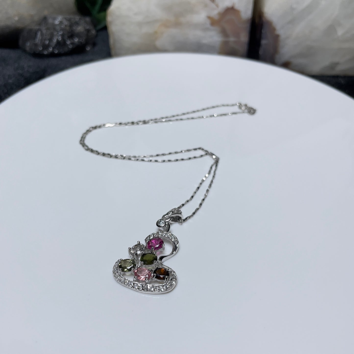 Stonelry Elegant S925 Sterling Silver Necklace with Pink Tourmaline & Sparkling Zircon Pendant