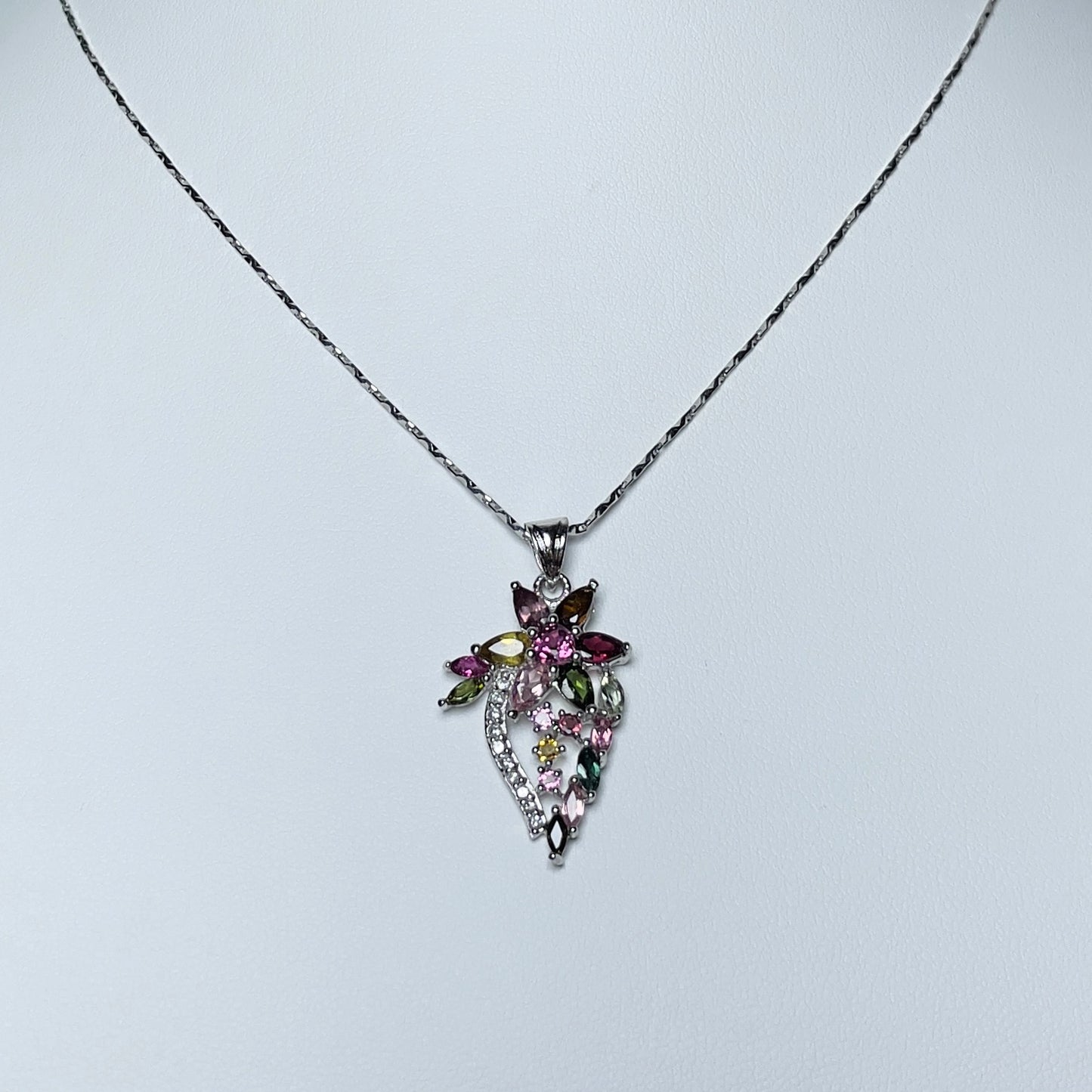 Stonelry Elegant Tourmaline and Zircon Flower Pendant on S925 Sterling Silver Chain Necklace