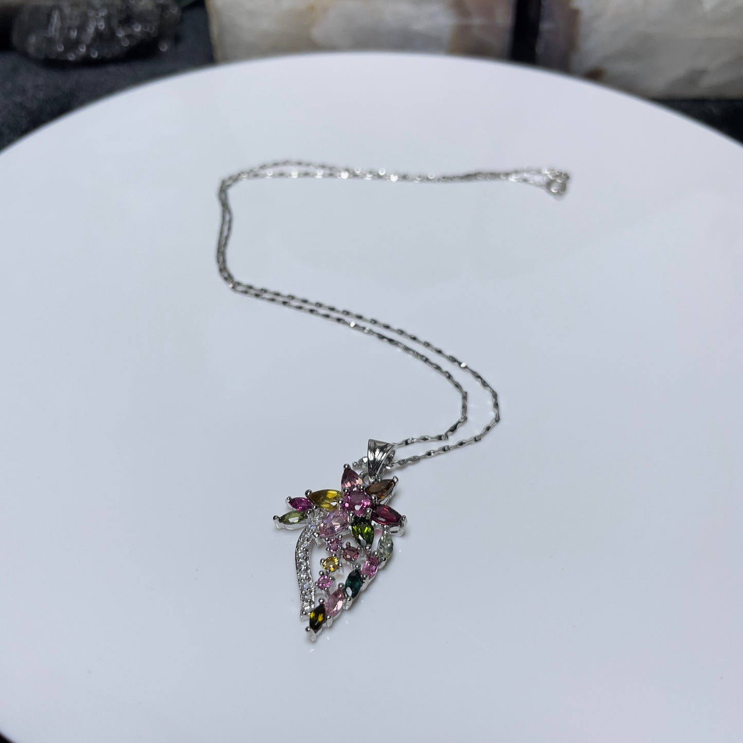 Stonelry Elegant Tourmaline and Zircon Flower Pendant on S925 Sterling Silver Chain Necklace